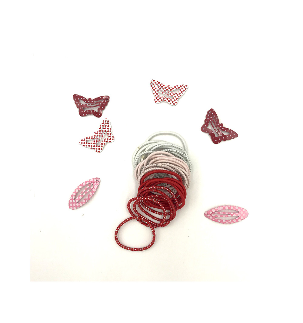 Barn hårspänne i form av fjäril i röd och rosa. Hårsnoddar i vita, röda, rosa, vita och rosa med silver glitter.